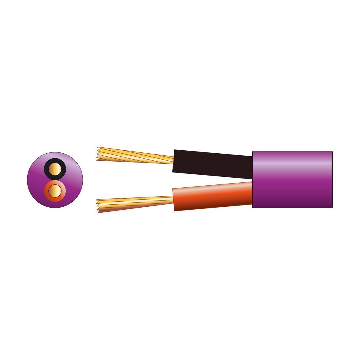 AVSL Mercury Hi-Flex LSZH 2 x 2.5mm² speaker cable in purple, shown with cross-section view revealing black and orange inner cores with copper strands.