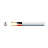 AVSL Mercury Hi-Flex 2 x 0.75mm² LSZH speaker cable in white, shown with cross-section revealing black and red cores alongside the outer sheath.