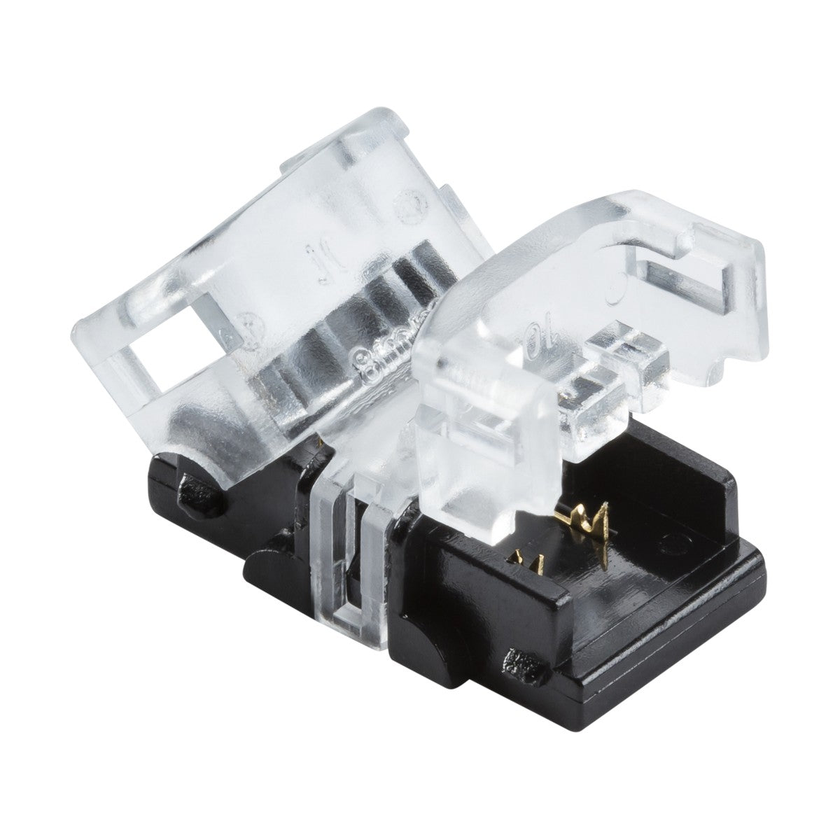 A transparent and black 12V/24V LED Flex Strip To Strip Connector with a plastic housing and metal contact pins. Compatible with 8mm LED strips, the open design reveals its internal components, crafted for securing and connecting single-colour electrical wires.