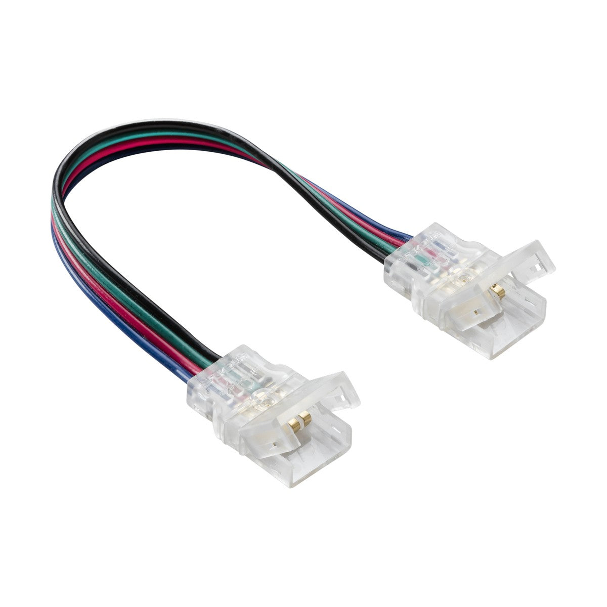 A detailed view of a transparent connector featuring a brief multicolored wire with strands in red, green, blue, and black is shown. Both ends are equipped with clear plastic connectors designed for joining electronic components. Perfect for connecting LED flex strips, this 150mm connector aligns with the IP65 rating to ensure safe outdoor use. This product is the 12V/24V IP65 LED Flex Strip To Strip 150mm Connector - CCT/RGB.