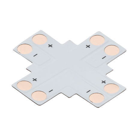 The 12V/24V LED Flex 4-Way X-Connector - Single Colour features an electronic circuit board with eight circular copper contacts, divided equally between plus and minus signs, all on a light gray surface. It's perfect for single colour 8mm LED flex installations.