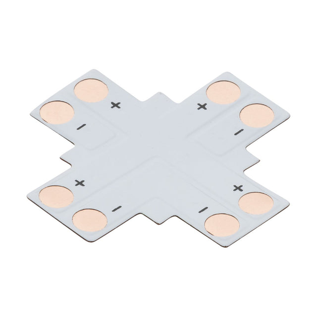 The 12V/24V LED Flex 4-Way X-Connector - Single Colour features an electronic circuit board with eight circular copper contacts, divided equally between plus and minus signs, all on a light gray surface. It's perfect for single colour 8mm LED flex installations.