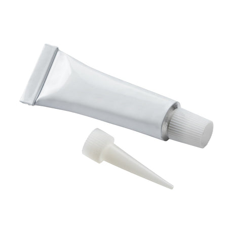 The LED Strip Light Silicone Glue 10ml is elegantly displayed on a plain white background, housed in a silver metallic squeeze tube with a white cap and pointed applicator tip, indicating its silicone composition for an impressive clear finish.