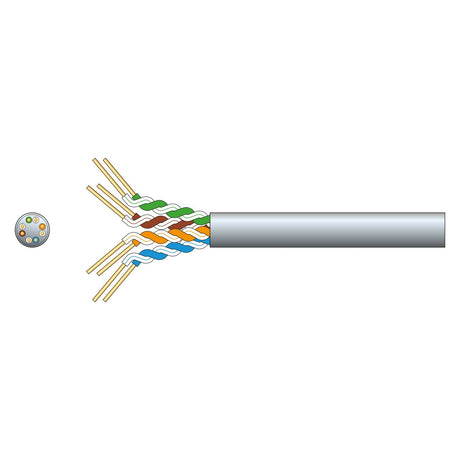 Illustration of a cut-open Mercury Cat5e U/UTP Network Cable, Grey (305m) showing twisted pairs of wires in green, orange, blue, and brown. A cross-section displays wire arrangement featuring oxygen-free copper. The cable is partially stripped to reveal internal wiring suitable for Gigabit Ethernet.