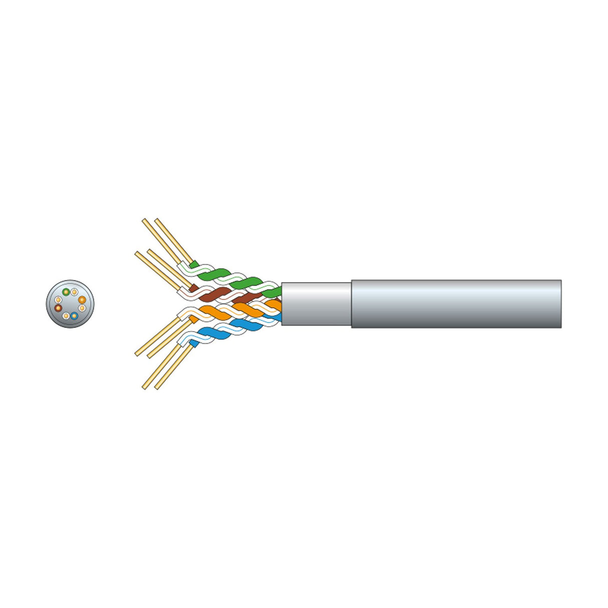 Mercury Cat5e F/UTP shielded network cable in grey with exposed twisted pairs and foil screen, shown with end-view cross-section on a white background.
