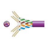 Cutaway diagram of Mercury Cat5e U/UTP LSZH network cable showing four twisted pairs in green, brown, orange and blue within a lilac sheath.