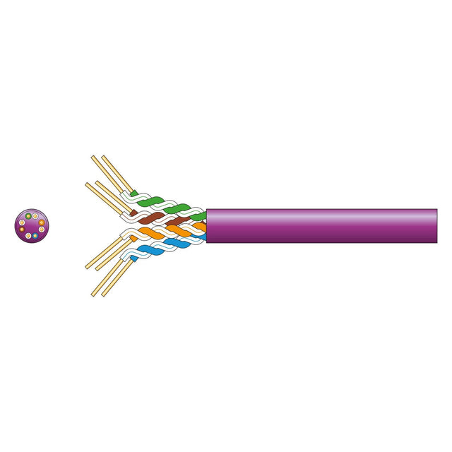 Illustration of a lilac Mercury Cat5e U/UTP LSZH network cable with wires exposed, ideal for Gigabit Ethernet. The cable features four twisted pairs of colored wires: blue, orange, green, and brown. A small cross-section on the left reveals its oxygen-free copper conductors.