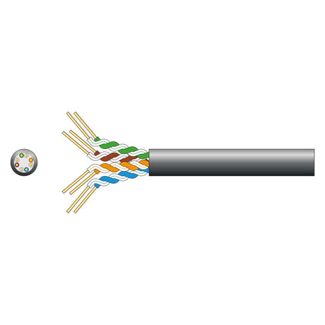 Diagram of a Mercury Cat5e U/UTP LDPE Gel Filled Network Cable with a black outer sheath, suitable for outdoor installation, showing internal structure. Four twisted pairs of colored wires (green, orange, blue, brown) are visible. A cross-section on the left illustrates the cable layout in a circular pattern.