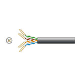 Mercury Cat5e U/UTP outdoor cable in black with exposed oxygen free copper twisted pairs in green, brown, orange, and blue, shown with cross-section view.