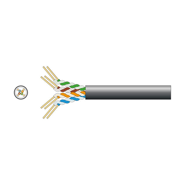 Mercury Cat5e U/UTP outdoor cable in black with exposed oxygen free copper twisted pairs in green, brown, orange, and blue, shown with cross-section view.