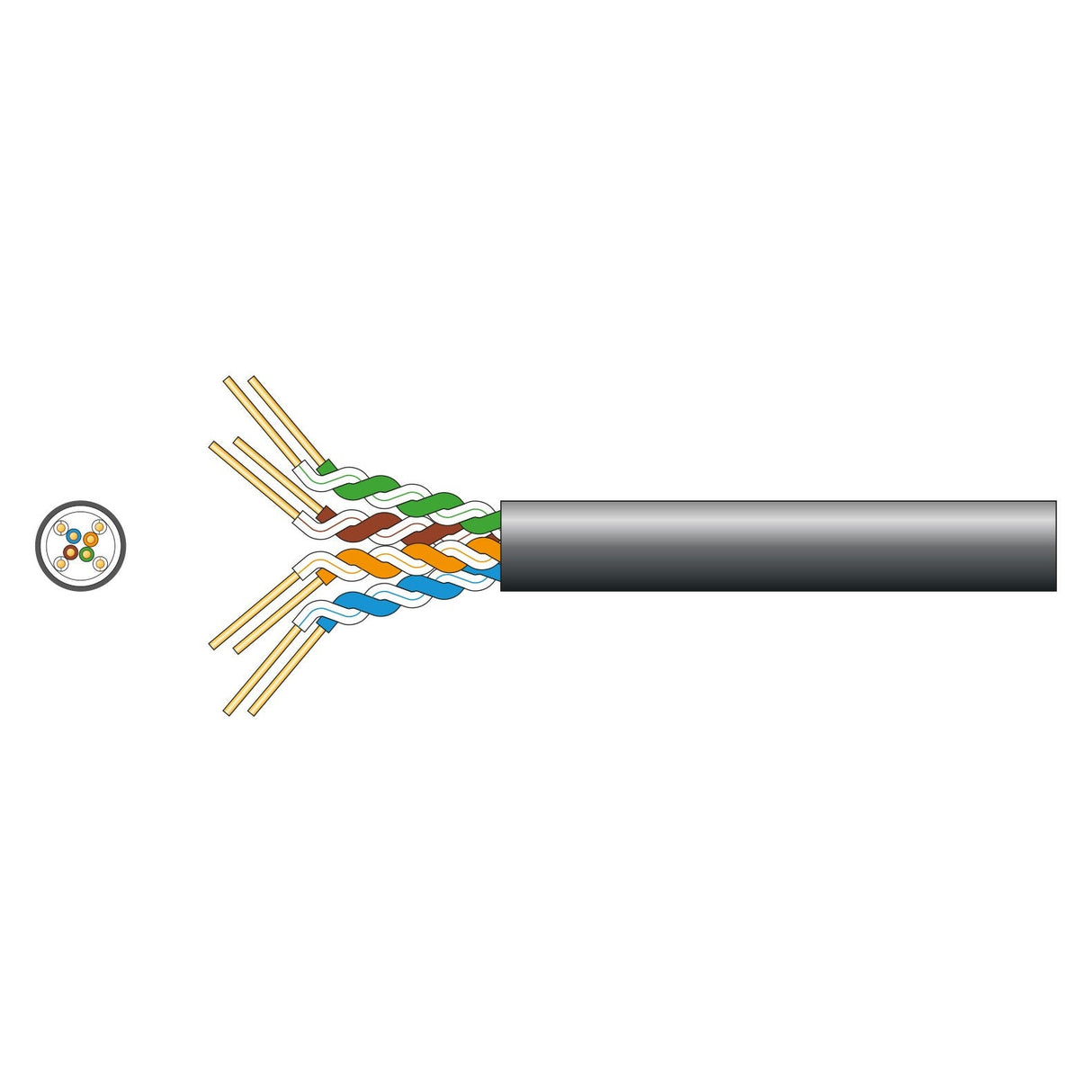 Diagram of the Mercury Cat5e U/UTP Outdoor P/Box, Black (305m) cable highlighting its internal structure. The image reveals four twisted pairs of oxygen-free copper wires in various colors emerging from the cable's sheath, with each pair consisting of two individually twisted wires.