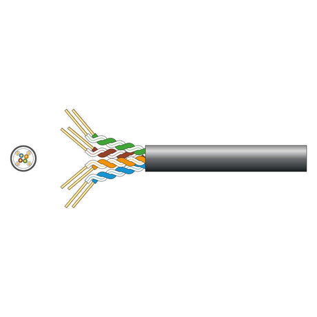 Diagram of the Mercury Cat5e U/UTP Outdoor P/Box, Black (305m) cable highlighting its internal structure. The image reveals four twisted pairs of oxygen-free copper wires in various colors emerging from the cable's sheath, with each pair consisting of two individually twisted wires.