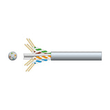 Mercury Cat6 U/UTP grey network cable with exposed twisted pairs in green, orange, blue and brown, shown alongside a cross-section view.