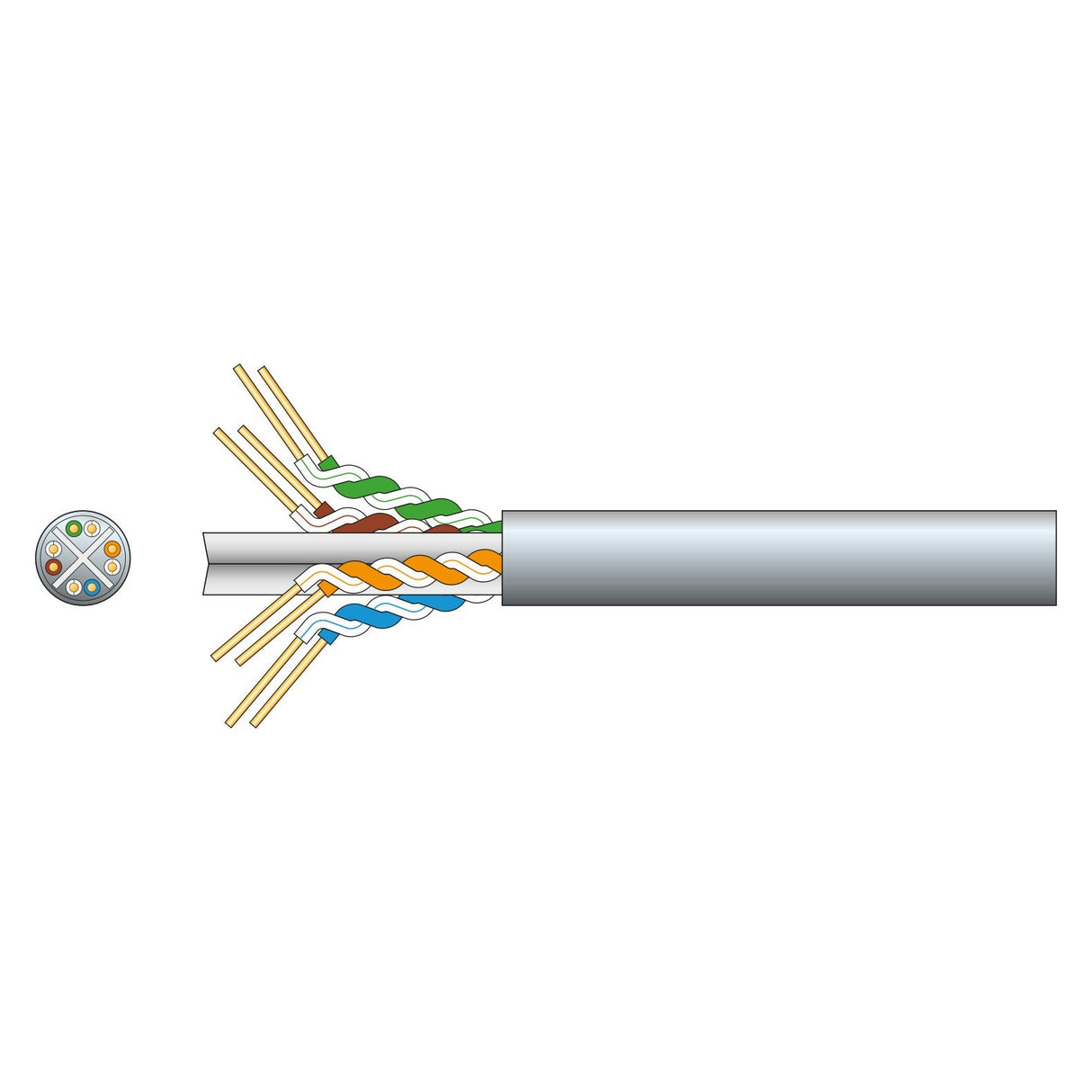 Illustration of the Mercury Cat6 U/UTP Network Cable in gray, showcasing twisted pairs of wires in various colors. Designed for Gigabit Ethernet, the cable is partially enclosed within a gray outer sheath. On the left, a circular cross-section view emphasizes the wire arrangement and oxygen-free copper conductors.