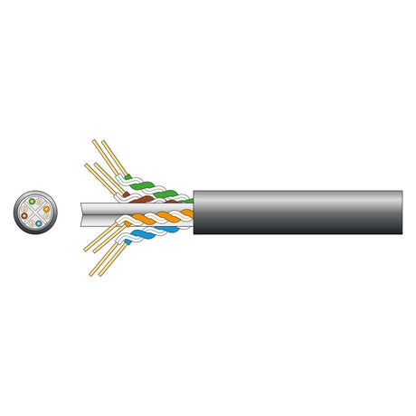 Illustration of a cross-section of the Mercury Cat6 U/UTP LDPE Gel Filled Network Cable, Black (305m) showing its internal structure: four pairs of twisted wires in blue, green, orange, and brown are visible, designed for Gigabit Ethernet performance, all encased in an outer black sheath.