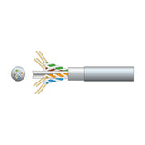 Mercury Cat6 F/UTP network cable in grey with exposed twisted pairs of copper conductors and cross-section view showing foil screen, on a plain background.