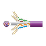 Cutaway illustration of Mercury Cat6 U/UTP LSZH network cable in lilac showing four twisted pairs of copper conductors and cross-section diagram.