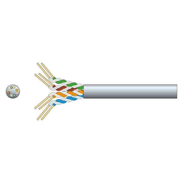 Illustration of a cut-open Mercury Economy Cat5e U/UTP Network Cable, Grey (305m), displaying the interior with four twisted pairs of colored wires. A cross-section view is provided, emphasizing the configuration of the wires within the cable sheath for high-speed data transmission such as Gigabit Ethernet.