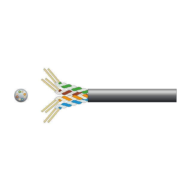 Mercury Economy Cat5e outdoor U/UTP network cable in black with exposed twisted pairs and cross-section view showing eight copper conductors.