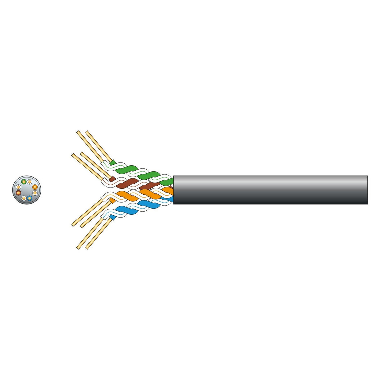 Illustration of a cross-section view of the Mercury Economy Cat5e Outdoor U/UTP Network Cable, Black (305m), ideal for Gigabit Ethernet use, showcasing pairs of twisted wires in blue, orange, green, and brown with a black outer sheath. A small circular diagram on the left details the wire configuration for outdoor installation.