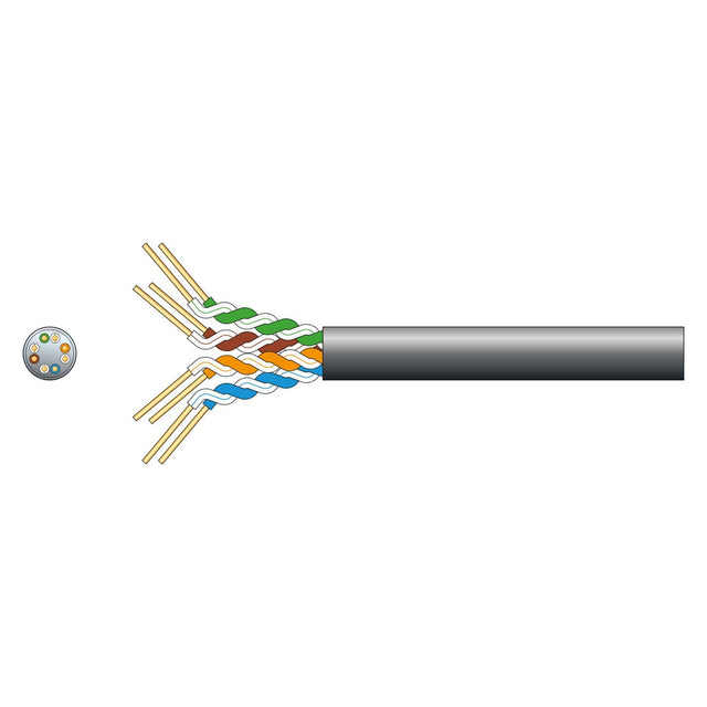 Illustration of a cross-section view of the Mercury Economy Cat5e Outdoor U/UTP Network Cable, Black (305m), ideal for Gigabit Ethernet use, showcasing pairs of twisted wires in blue, orange, green, and brown with a black outer sheath. A small circular diagram on the left details the wire configuration for outdoor installation.