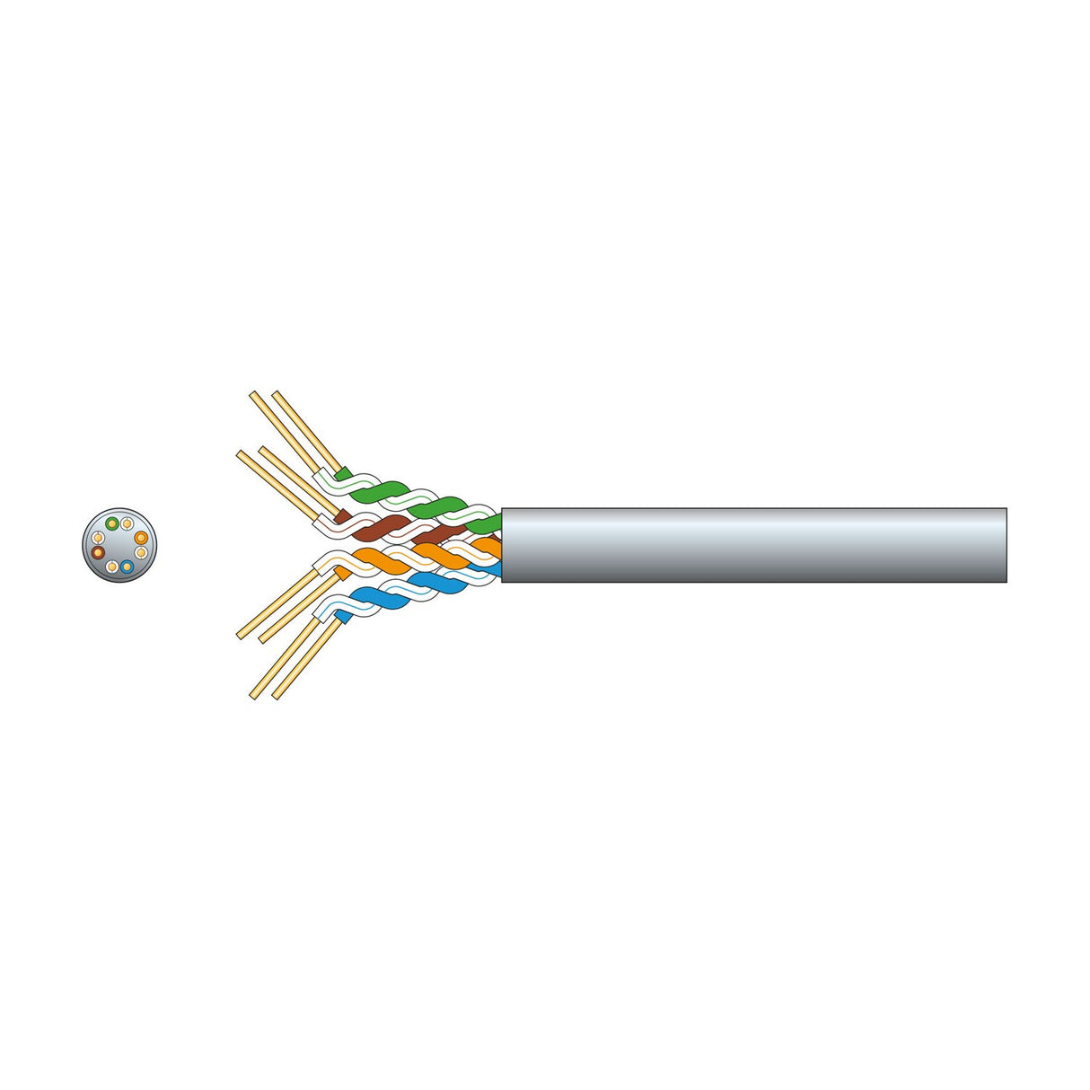 Mercury Cat6 U/UTP network cable cutaway showing four twisted pairs in green, brown, orange and blue with grey PVC sheath, on white background.