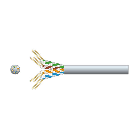 Mercury Cat6 U/UTP network cable cutaway showing four twisted pairs in green, brown, orange and blue with grey PVC sheath, on white background.