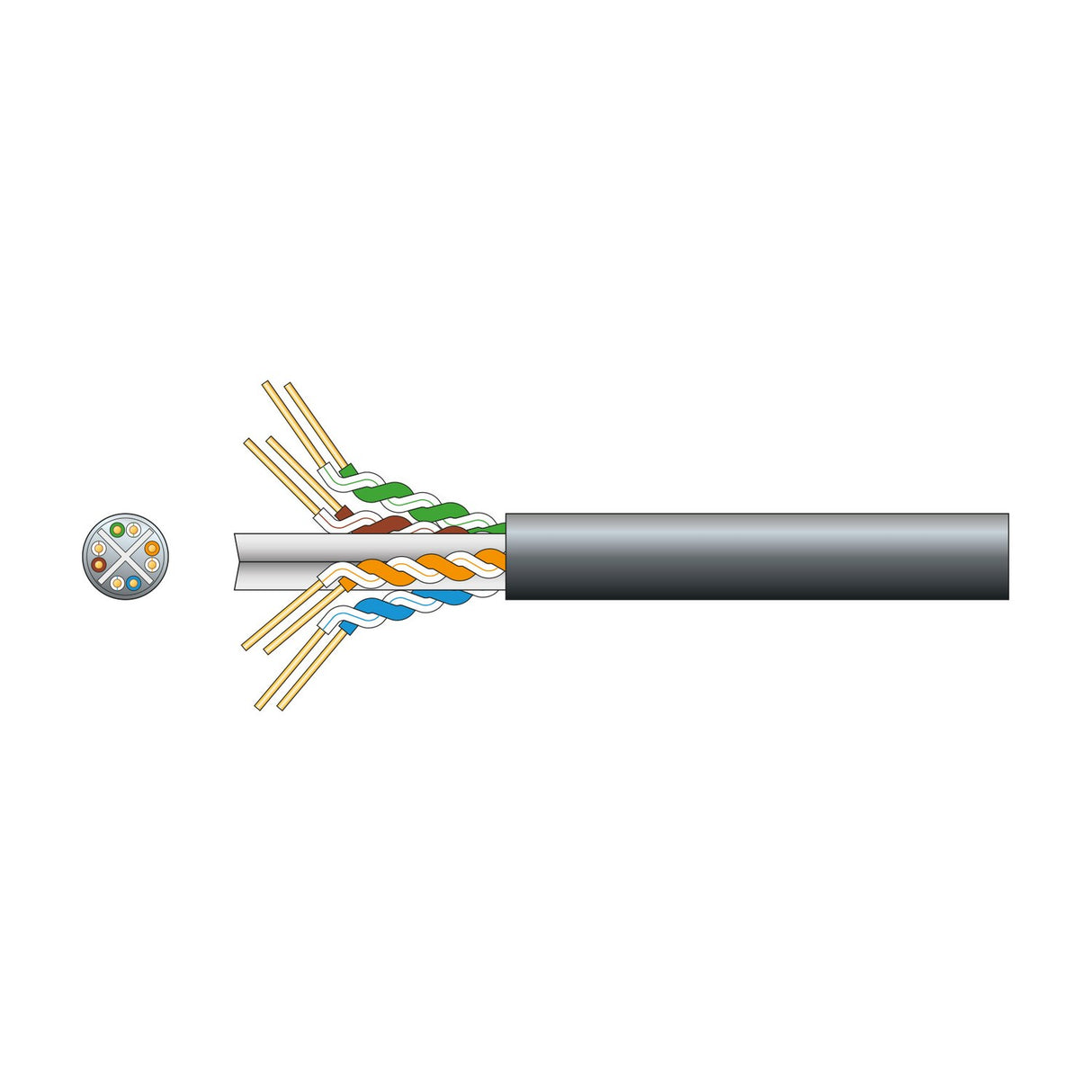 Mercury Cat6 outdoor U/UTP network cable with black PE sheath, exposed twisted pairs in green, orange, blue and brown, shown with cross-section view.