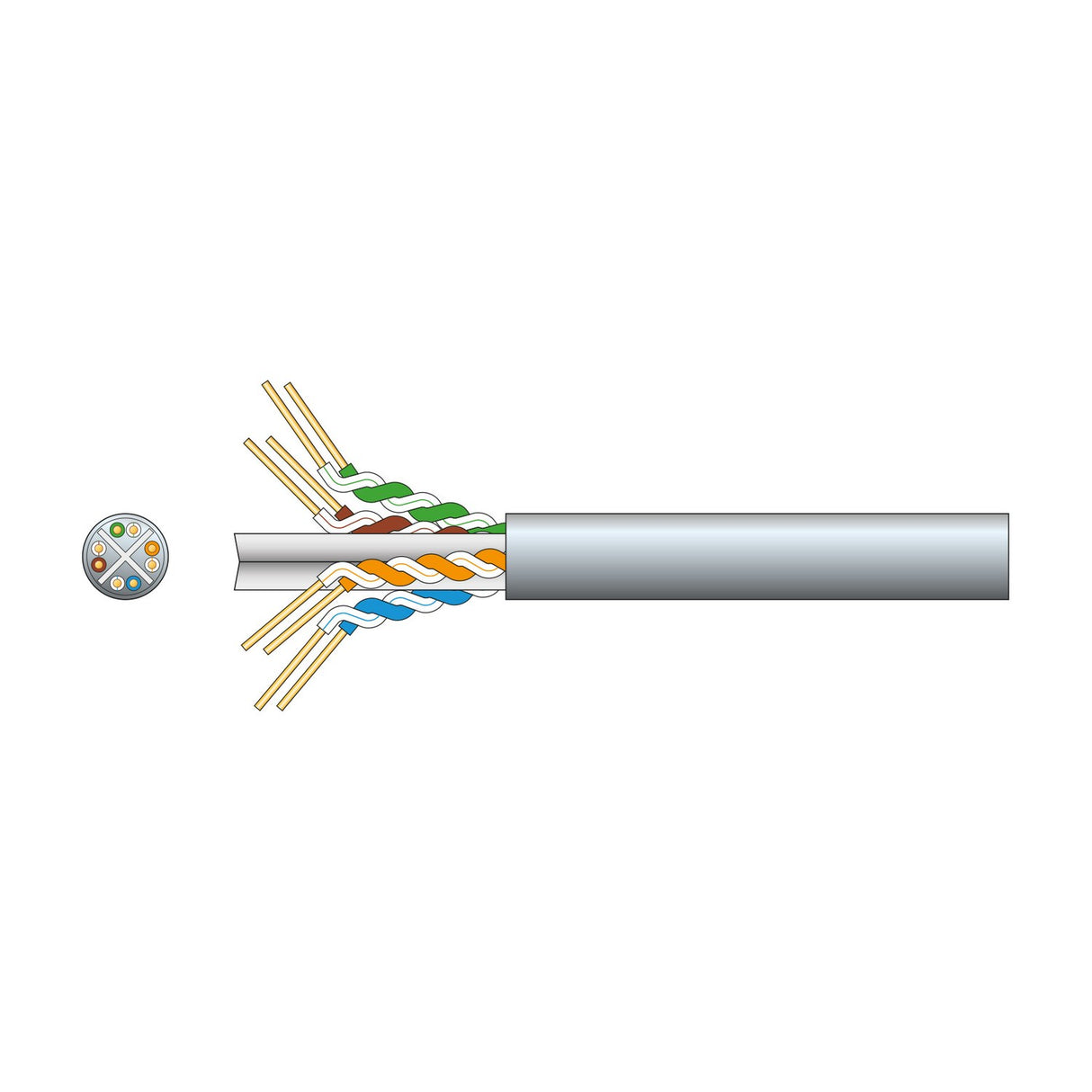Mercury Cat6 U/UTP grey network cable shown with exposed four twisted pairs of solid OFC conductors and a cross-section view on a white background.