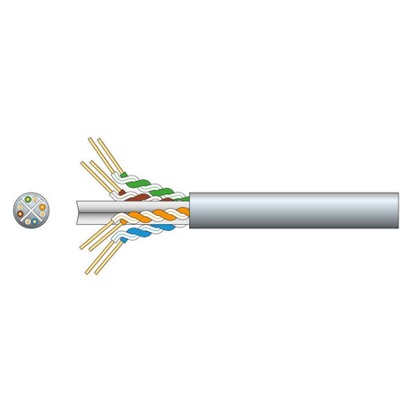 Illustration of a Mercury Cat6 U/UTP Network Cable with four twisted pairs of wires in orange, green, blue, and brown. The cross-section view on the left reveals the internal wiring arrangement crafted for Gigabit Ethernet efficiency. The gray cable sheath enhances durability and performance.