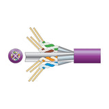 Cutaway diagram of Mercury Cat6a U/FTP LSZH network cable in lilac, showing four foil-screened twisted pairs and cross-section view on white background.