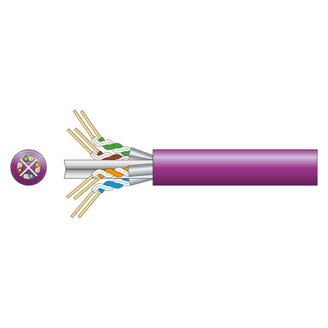 Depiction of a lilac Mercury Cat6a U/FTP LSZH Network Cable with a cross-sectional view, showcasing twisted wire pairs inside. Each pair is color-coded, and the cable is equipped with low smoke zero halogen materials, highlighting its structured internal configuration.