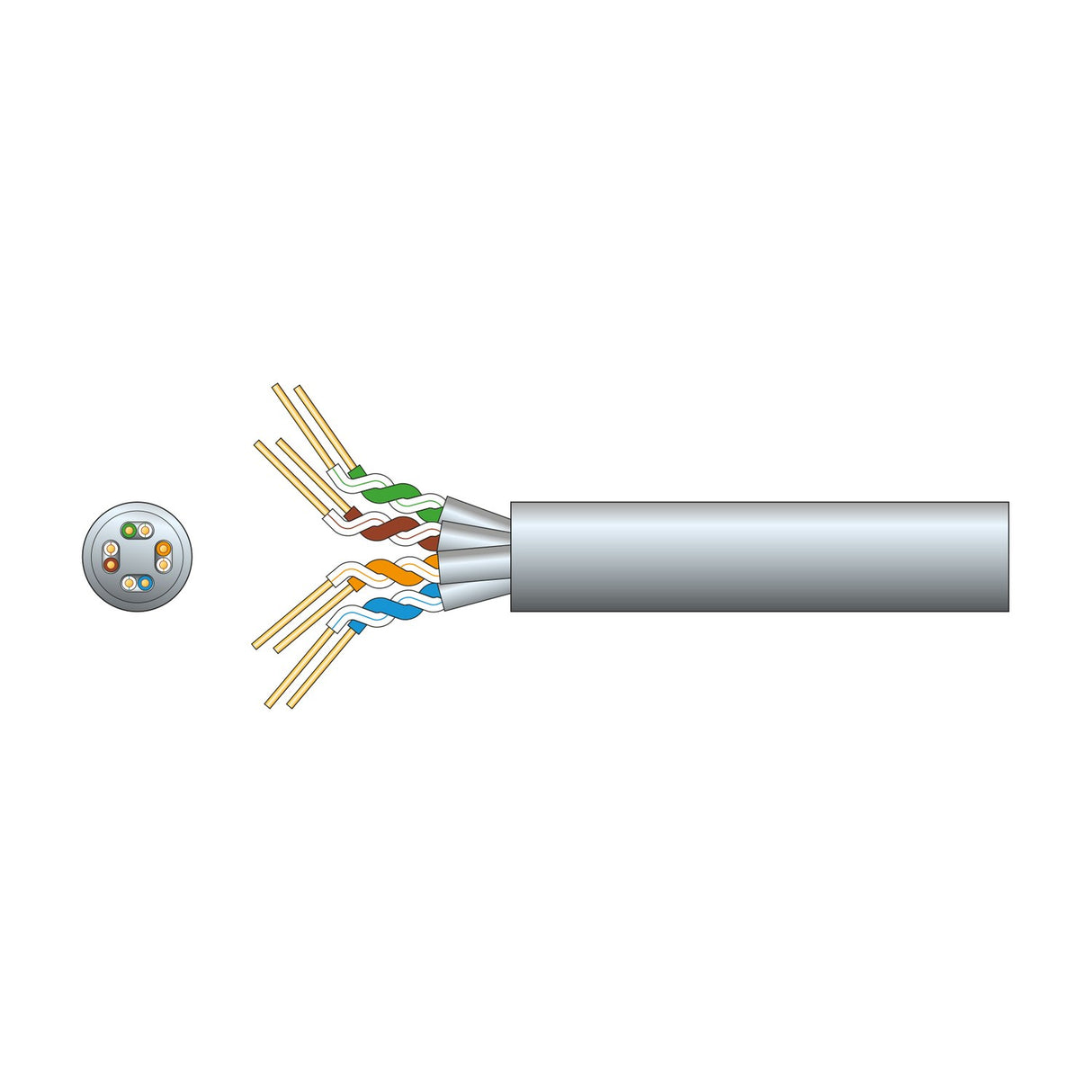 Mercury Cat6a U/FTP 305m network cable in grey with cutaway showing four foil-screened twisted pairs of solid OFC AWG23 conductors.