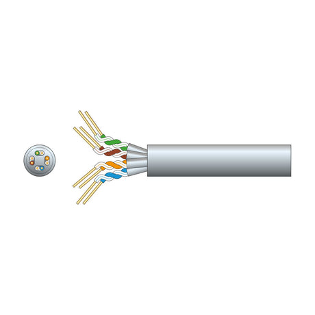 Mercury Cat6a U/FTP 305m network cable in grey with cutaway showing four foil-screened twisted pairs of solid OFC AWG23 conductors.