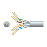 Cutaway diagram of Mercury Cat6a U/FTP network cable showing four foil-screened twisted pairs in green, brown, orange and blue within a grey PVC sheath.