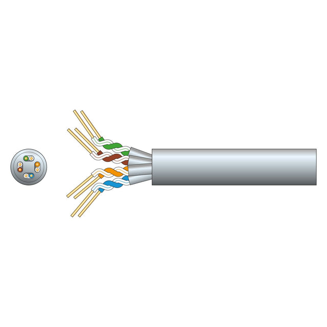 Illustration of a cross-section of the Mercury Cat6a U/FTP Network Cable, Grey (305m). The image depicts the cable with several color-coded wires: orange, green, blue, and brown, some twisted pairs. Highlighting its internal structure designed for Gigabit Ethernet, the diagram emphasizes the use of oxygen-free copper for optimal performance.