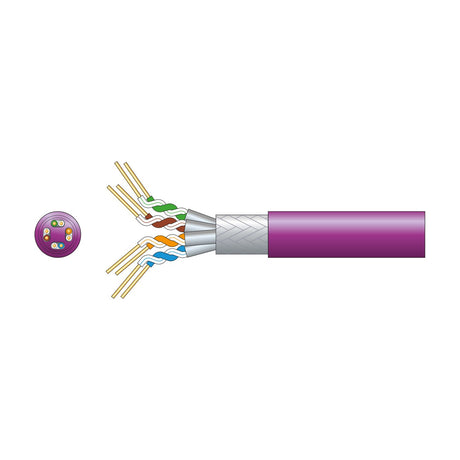 Mercury Cat6a S/FTP LSZH network cable in lilac with cutaway showing foil-shielded twisted pairs, aluminium braid, and cross-section view.