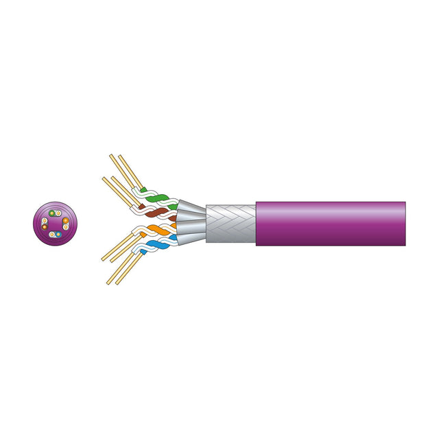 Mercury Cat6a S/FTP LSZH network cable in lilac with cutaway showing foil-shielded twisted pairs, aluminium braid, and cross-section view.