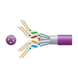 Cutaway diagram of Mercury Cat6a S/FTP LSZH network cable showing lilac sheath, aluminium braid, foil-shielded twisted pairs and copper conductors.