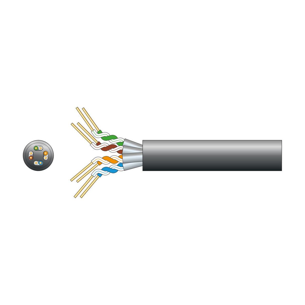 Mercury Cat6a U/FTP outdoor network cable in black with cutaway showing four foil-shielded twisted pairs and solid copper conductors, on white background.