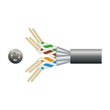 Cutaway diagram of Mercury Cat6a U/FTP outdoor network cable showing four foil-shielded twisted pairs within a black LDPE sheath, with cross-section view.