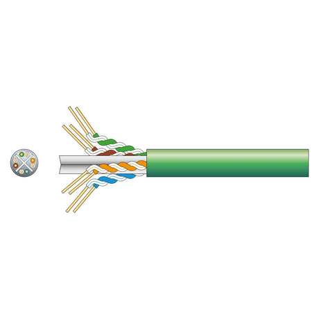 Illustration of a cut-open green Mercury Cat6 U/UTP Network Cable, revealing four twisted pairs of colored wires: orange, blue, green, and brown. The small cross-sectional view emphasizes the use of oxygen-free copper for optimal conductivity in Gigabit Ethernet applications.