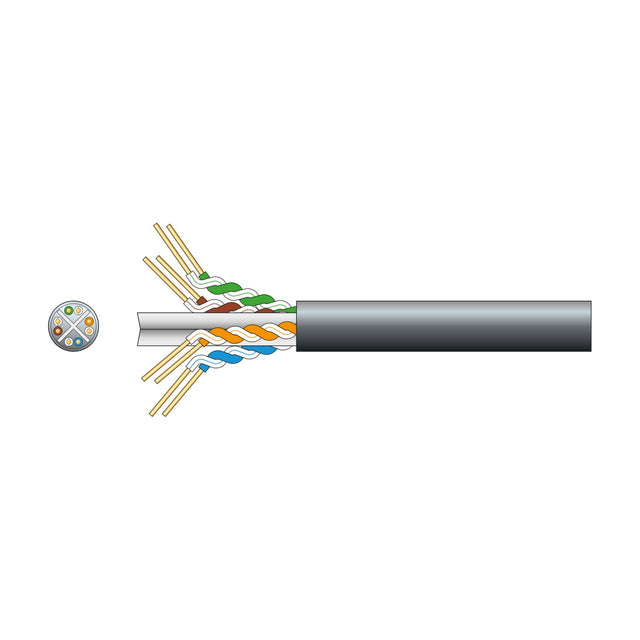 Mercury Cat6 U/UTP outdoor network cable in black with cutaway view showing four twisted pairs of copper conductors and cross-section detail.