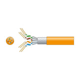 Mercury Cat7 S/FTP LSZH network cable in orange with cutaway showing four twisted pairs, foil screening and braided shield, on a plain background.