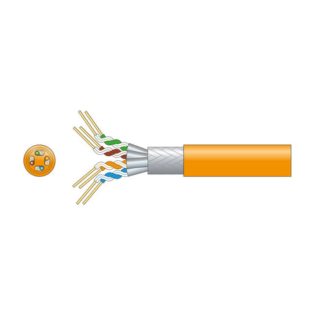 Mercury Cat7 S/FTP LSZH network cable in orange with cutaway showing four twisted pairs, foil screening and braided shield, on a plain background.