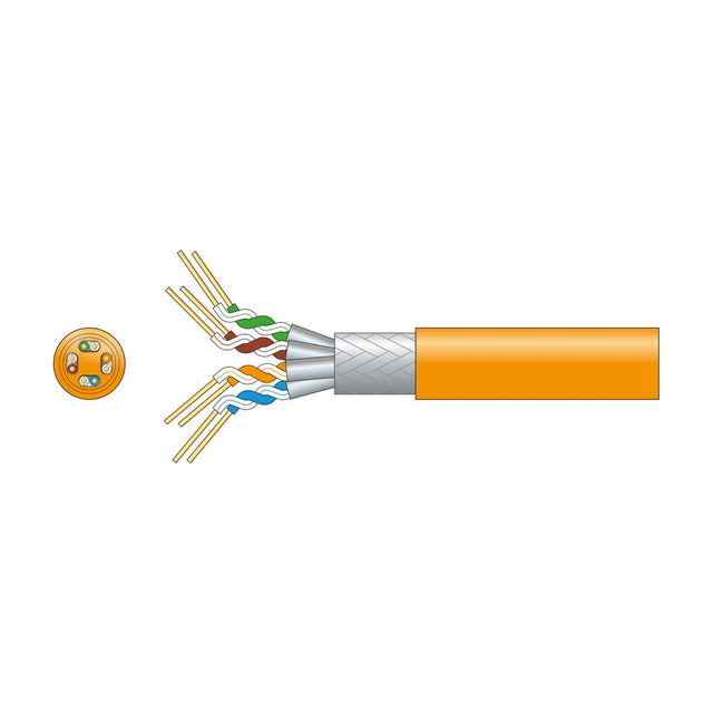 Mercury Cat7 S/FTP LSZH network cable in orange with cutaway showing four twisted pairs, foil screening and braided shield, on a plain background.