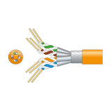 Cutaway diagram of Mercury Cat7 S/FTP LSZH network cable in orange, showing four twisted pairs, foil and braided shielding beneath the outer sheath.
