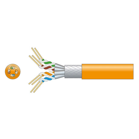 Diagram of the Mercury Cat7 S/FTP LSZH Network Cable, Orange (305m), with a cut-open orange sheath revealing twisted wire pairs and a cross-section illustrating the internal low smoke zero halogen wiring.