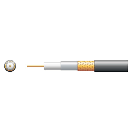 The cross-section illustration of the Mercury RG59B/U Foam PE with Copper Braid coaxial cable, available in black and 100m length, reveals its layers: the central conductor, insulating foam polyethylene layer, copper braid metallic shield, and outer protective casing—crucial for transmitting video signals in CCTV systems.