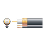 Cutaway diagram of Mercury RG59B/U shotgun cable showing copper conductor, foam PE dielectric, CCA braid, twin power cores and black PVC jacket.